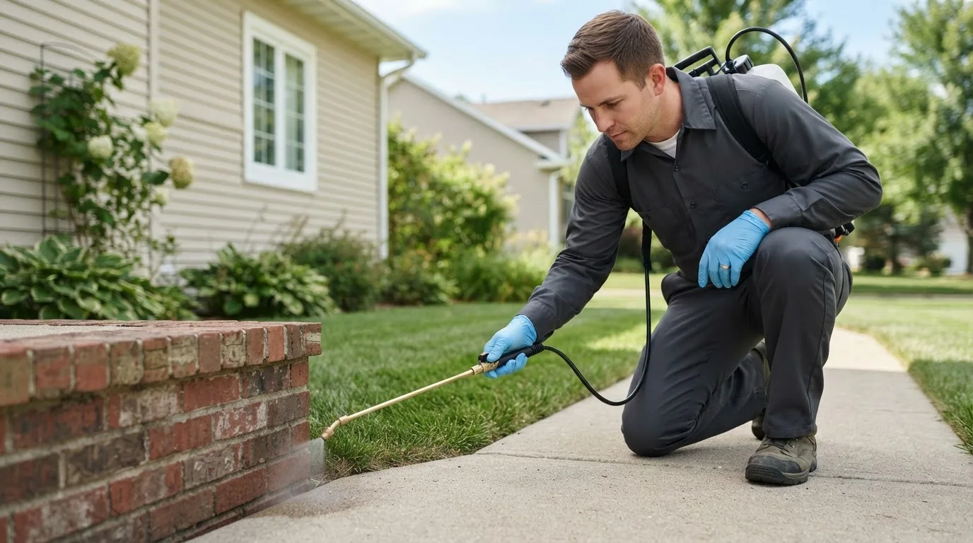 Pest control technician treating a home near Avoca, NY